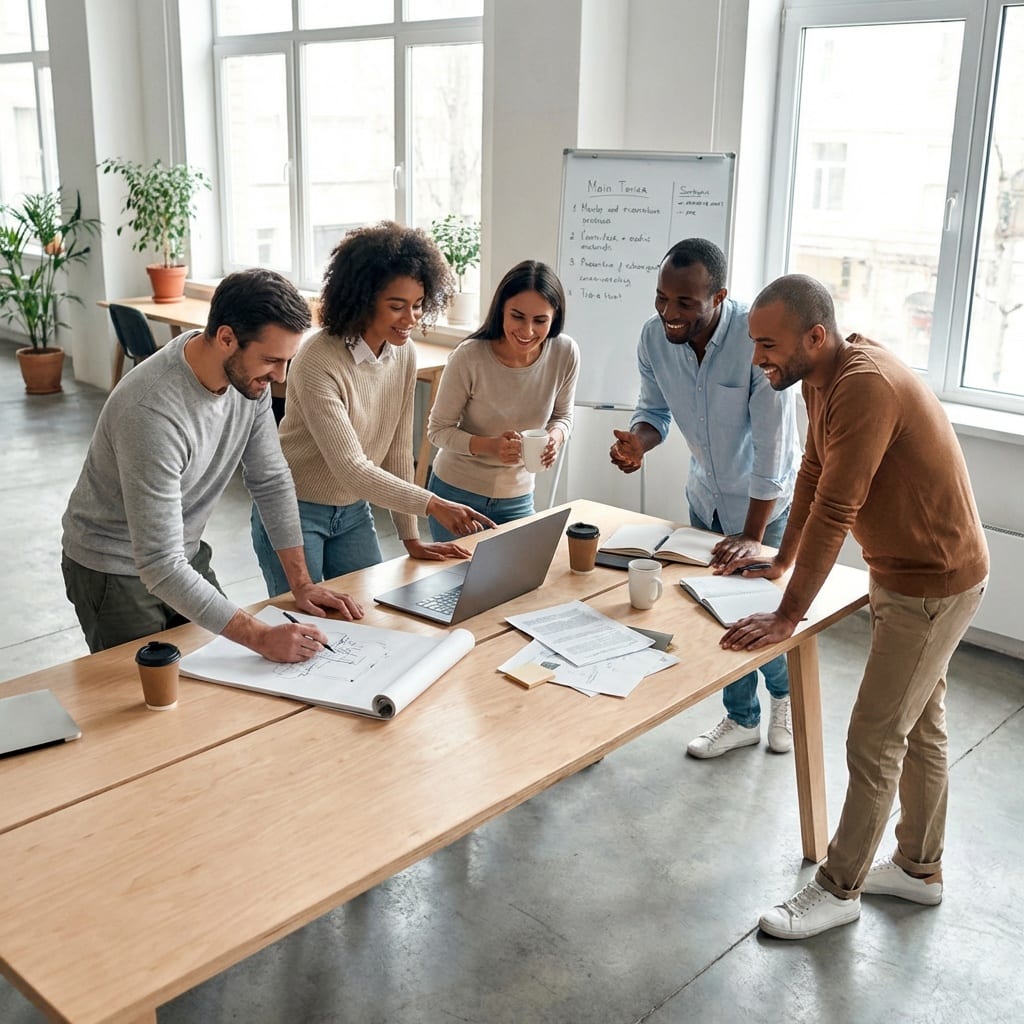 Team arbeitet gemeinsam an Projekten in einem hellen, modernen Büro